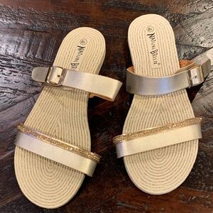 Nature Breeze Metallic Rose Gold Double-Strap Slide Sandals with Buckle